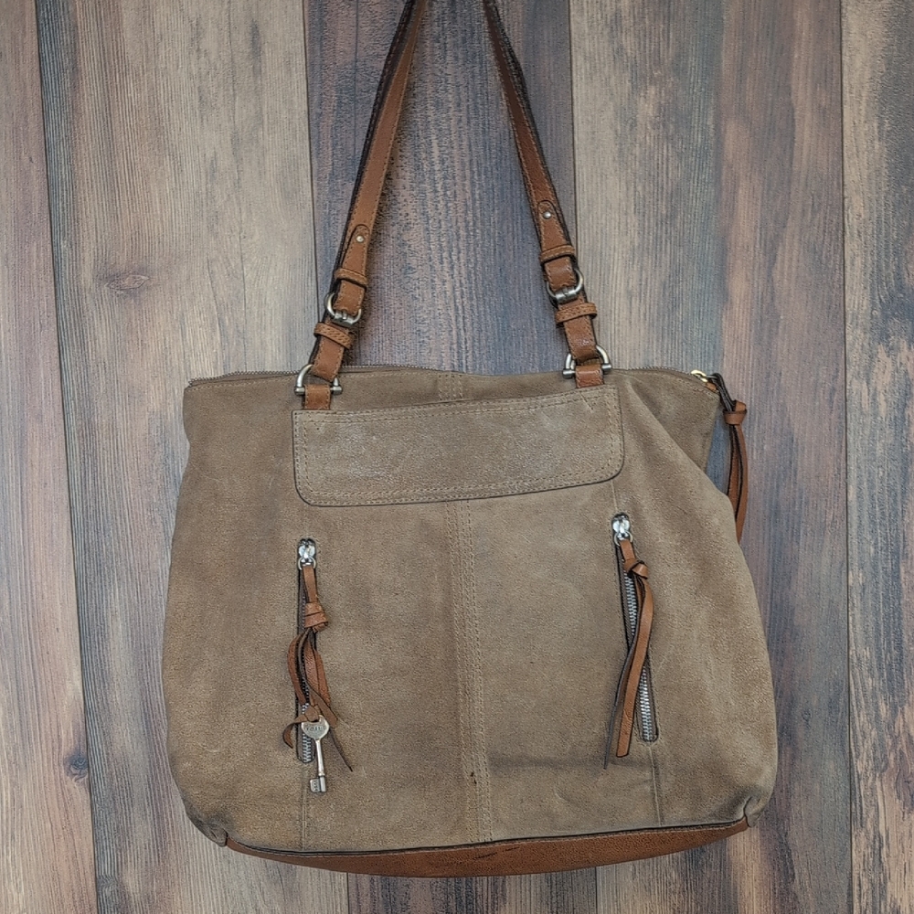 Fossil Tan Suede Leather Shoulder Bag Tote with Tassel Accents            C280